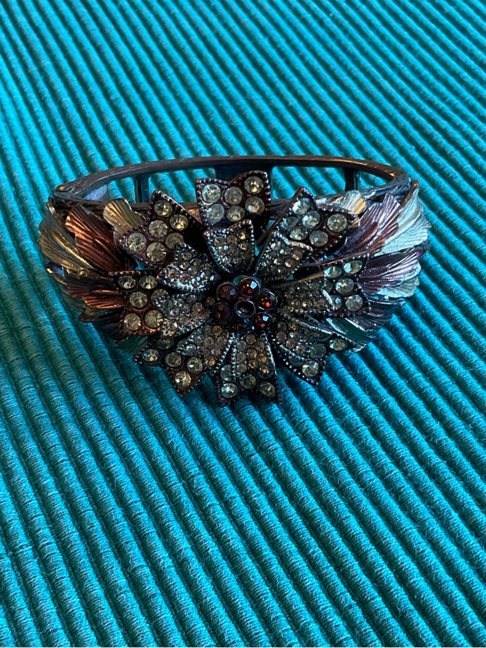 Crystal Flower Statement Bracelet in Antique Gold